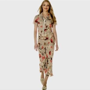 Women's Floral Print Two-Piece Suit: Short Sleeve Top and Midi Skirt